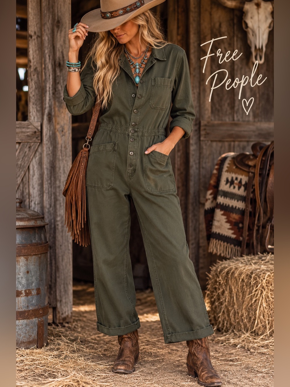 Free People Gia Coverall Jumpsuit Army Green Utility Wide Leg Size M-22ptp/17.5w